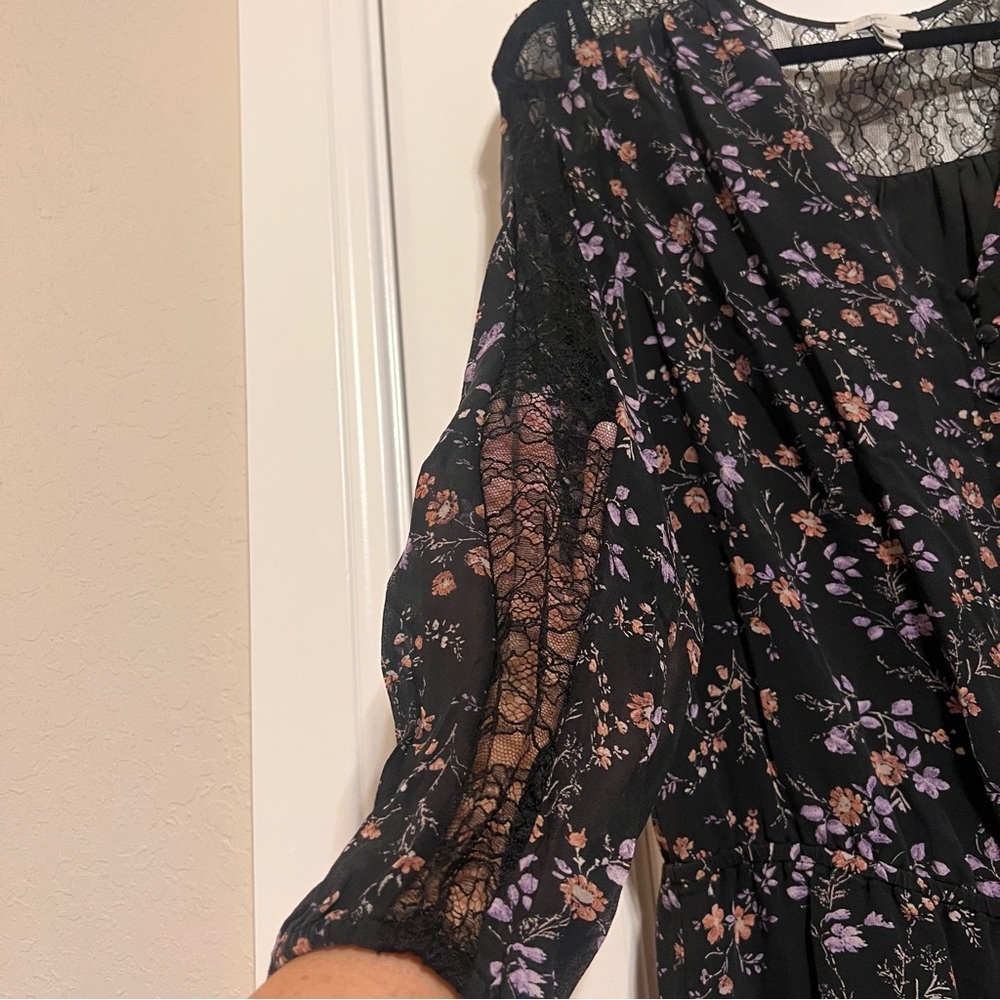 Joie Black Silk Dress with Pink and Purple Floral and Lace - Picture 6 of 11